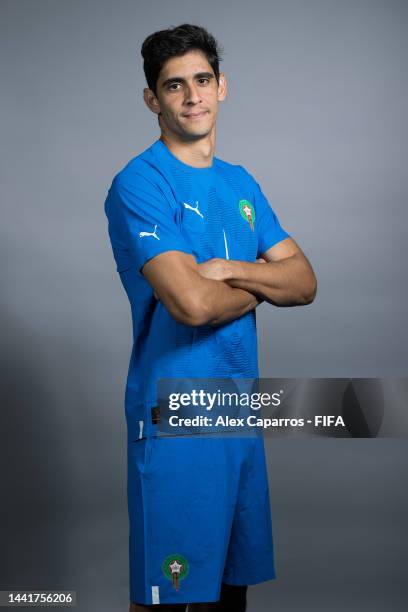 Yassine Bounou of Morocco poses during the official FIFA World Cup Qatar 2022 portrait session on November 15, 2022 in Doha, Qatar.