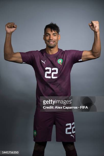 Reda Tagnaouti of Morocco poses during the official FIFA World Cup Qatar 2022 portrait session on November 15, 2022 in Doha, Qatar.