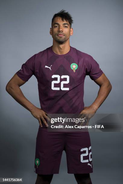 Reda Tagnaouti of Morocco poses during the official FIFA World Cup Qatar 2022 portrait session on November 15, 2022 in Doha, Qatar.