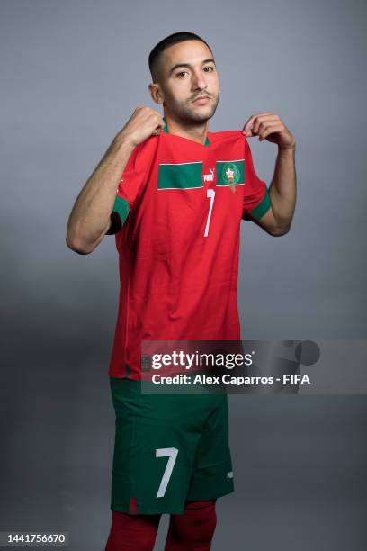 Hakim Ziyech of Morocco poses during the official FIFA World Cup Qatar 2022 portrait session on November 15, 2022 in Doha, Qatar.