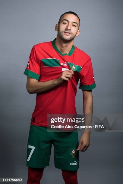 Hakim Ziyech of Morocco poses during the official FIFA World Cup Qatar 2022 portrait session on November 15, 2022 in Doha, Qatar.