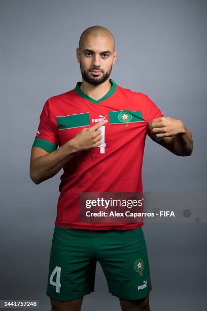 Sofyan Amrabat of Morocco poses during the official FIFA World Cup Qatar 2022 portrait session on November 15, 2022 in Doha, Qatar.