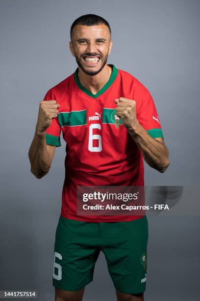 Romain Saiss of Morocco poses during the official FIFA World Cup Qatar 2022 portrait session on November 15, 2022 in Doha, Qatar.