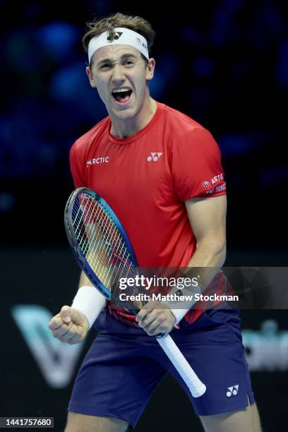 Casper Ruud of Norway celebrates match point against Taylor Fritz of United States during round robin play on Day Three of the Nitto ATP Finals at...