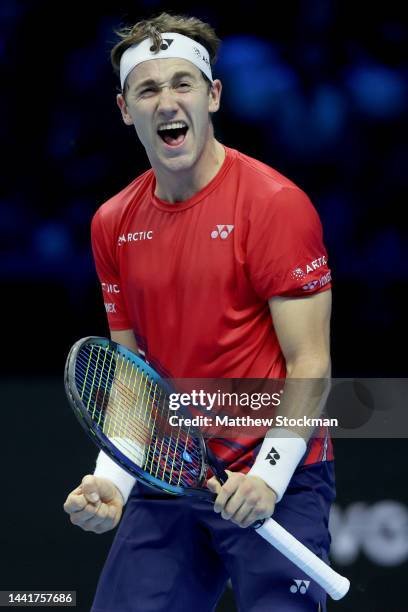 Casper Ruud of Norway celebrates match point against Taylor Fritz of United States during round robin play on Day Three of the Nitto ATP Finals at...