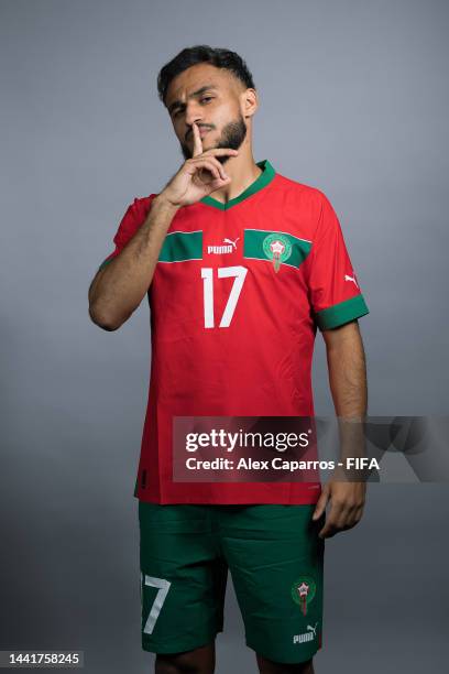 Sofiane Boufal of Morocco poses during the official FIFA World Cup Qatar 2022 portrait session on November 15, 2022 in Doha, Qatar.