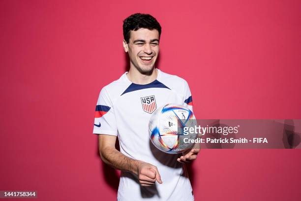Giovanni Reyna of United States poses during the official FIFA World Cup Qatar 2022 portrait session at on November 15, 2022 in Doha, Qatar.