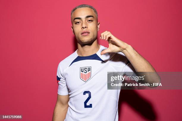 Sergino Dest of United States poses during the official FIFA World Cup Qatar 2022 portrait session at on November 15, 2022 in Doha, Qatar.