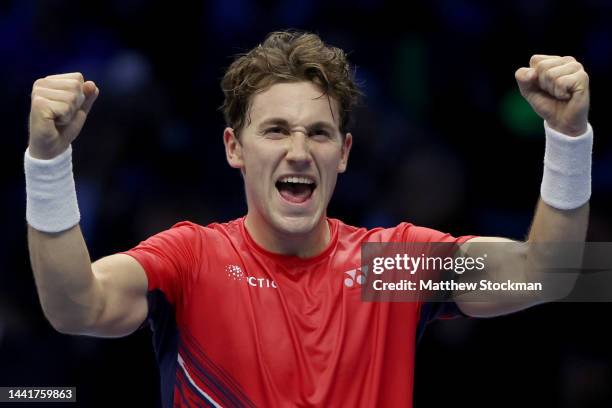 Casper Ruud of Norway celebrates his win against Taylor Fritz of United States during round robin play on Day Three of the Nitto ATP Finals at Pala...