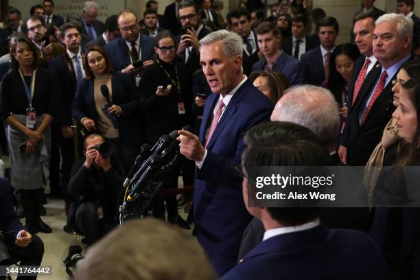 House Minority Leader Rep. Kevin McCarthy speaks to members of the press after the House Republican Conference voted for him to be its nominee for...