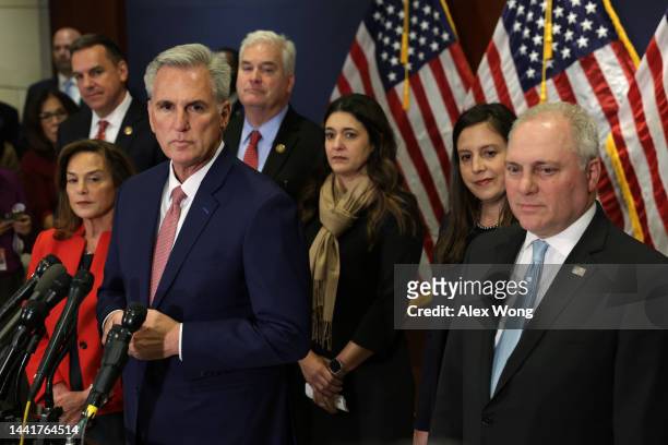 House Minority Leader Rep. Kevin McCarthy and members of his incoming leadership team listen to questions from members of the press after the House...