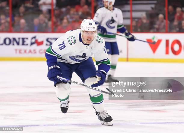 Tanner Pearson of the Vancouver Canucks skates against the Ottawa Senators at Canadian Tire Centre on November 08, 2022 in Ottawa, Ontario, Canada.