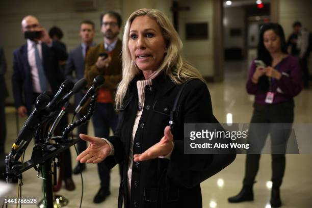 Rep. Marjorie Taylor Greene speaks to members of the press following the House Republican Conference leadership elections in the U.S. Capitol...