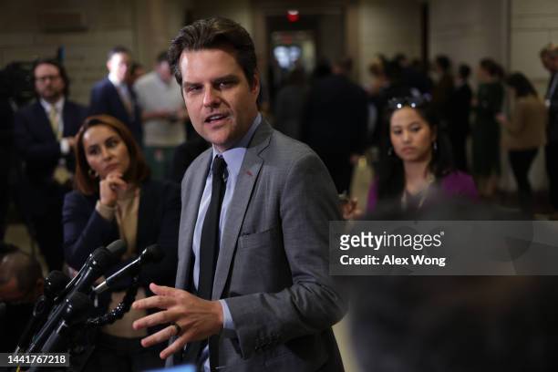 Rep. Matt Gaetz speaks to members of the press following the House Republican Conference leadership elections in the U.S. Capitol Visitors Center on...