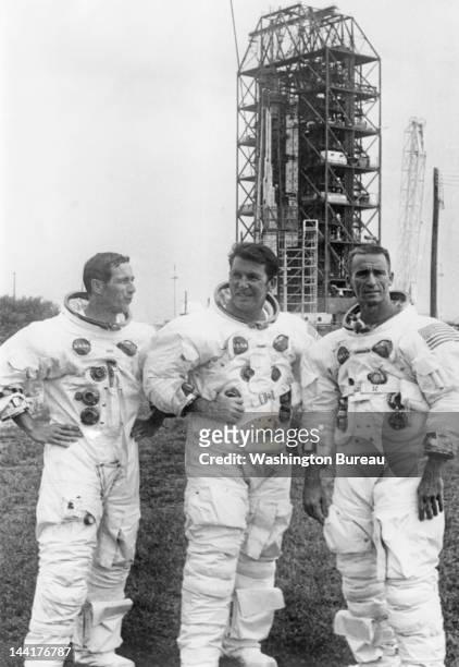 The Apollo 7 prime crew members relax after a successful Space Vehicle Emergency Egress test at Cape Kennedy's Launch Complex 34, 18th September...