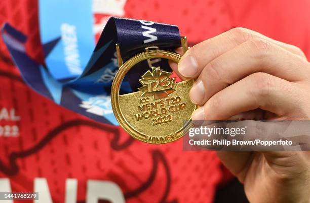 Liam Livingstone of England holds his medal after the ICC Men's T20 World Cup Final match between Pakistan and England at the Melbourne Cricket...