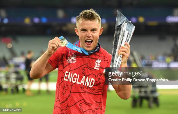 Sam Curran of England celebrates with the trophy after England won the ICC Men's T20 World Cup Final match between Pakistan and England at the...