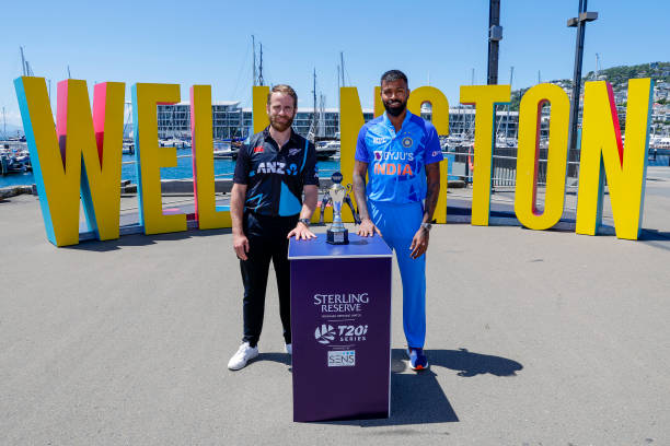 Kane Williamson of New Zealand and Hardik Panya of India pose with the series trophy during a media opportunity ahead of the New Zealand and India...
