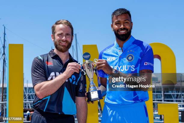 Kane Williamson of New Zealand and Hardik Panya of India pose with the series trophy during a media opportunity ahead of the New Zealand and India...