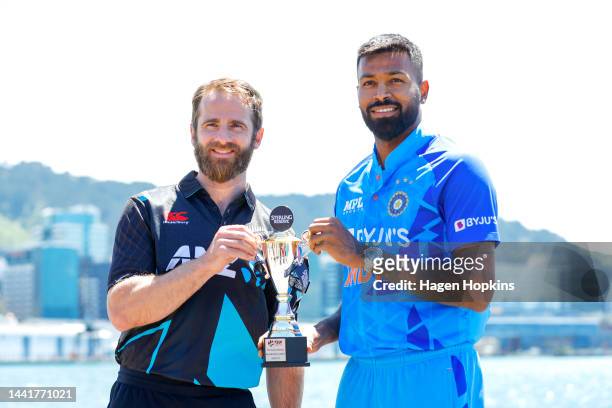 Kane Williamson of New Zealand and Hardik Panya of India pose with the series trophy during a media opportunity ahead of the New Zealand and India...