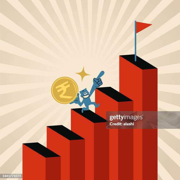 a businessman climbing up the growing chart steps and achieving his financial goals - return on investment stock illustrations