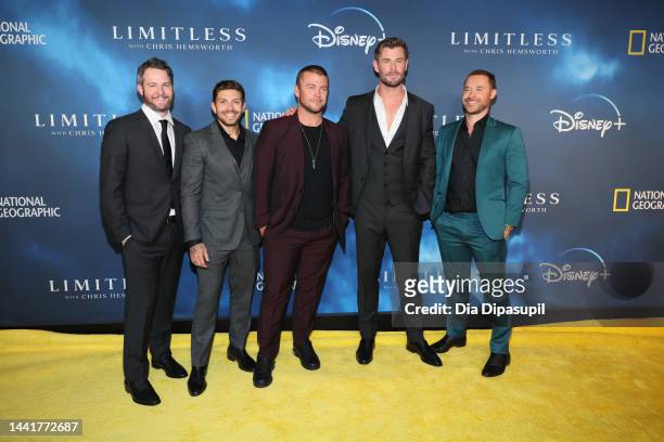 Ben Grayson, Luke Zocchi, Luke Hemsworth, Chris Hemsworth and Aaron Grist attend the premiere of "Limitless With Chris Hemsworth" at Jazz at Lincoln...