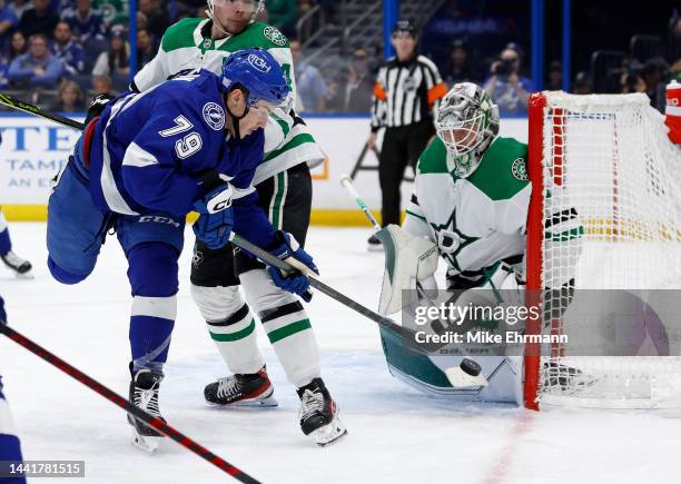 Ross Colton of the Tampa Bay Lightning shoots on Jake Oettinger of the Dallas Stars during a game at Amalie Arena on November 15, 2022 in Tampa,...