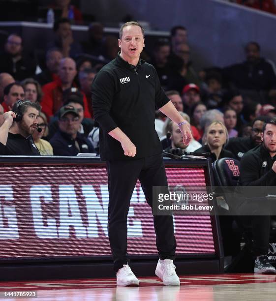 Head coach Paul Mills of the Oral Roberts Golden Eagles against the Houston Cougars at Fertitta Center on November 14, 2022 in Houston, Texas.