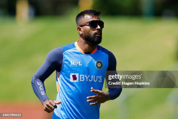 Hardik Pandya of India looks on during an India training session ahead of the New Zealand and India T20 International series, at Basin Reserve on...