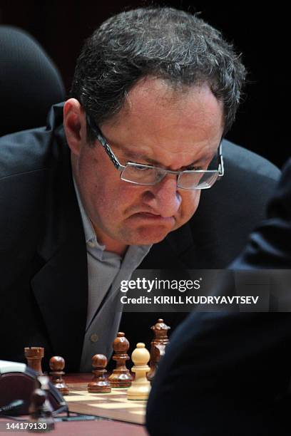 Israel's Boris Gelfand reacts during a FIDE World chess championship match in State Tretyakovsky Gallery in Moscow on May 11, 2012. A match between...