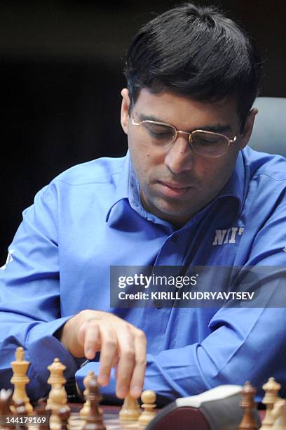 India's Vishwanathan Anand reacts during a FIDE World chess championship match in State Tretyakovsky Gallery in Moscow on May 11, 2012. A match...