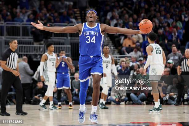 Oscar Tshiebwe of the Kentucky Wildcats reacts after a play during the second half in the game against the Michigan State Spartans during the...