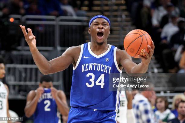 Oscar Tshiebwe of the Kentucky Wildcats reacts after a play during the second half in the game against the Michigan State Spartans during the...