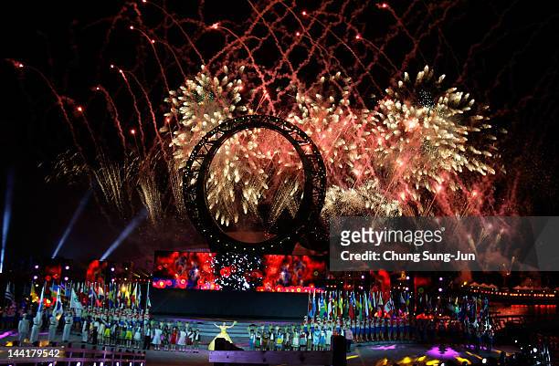 Fireworks light the sky for the opening ceremony of the 2012 Yeosu Expo on May 11, 2012 in Yeosu, South Korea. More than 105 countries, 10...