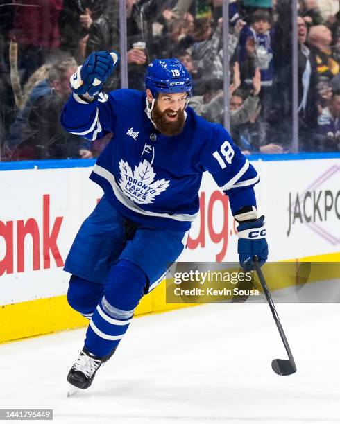 Jordie Benn of the Toronto Maple Leafs celebrates after scoring against the Vancouver Canucks during the second period at the Scotiabank Arena on...