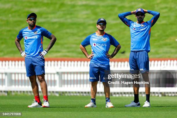 To R, Suryakumar Yadav, Ishan Kishan and Deepak Hooda look on during an India training session ahead of the New Zealand and India T20 International...