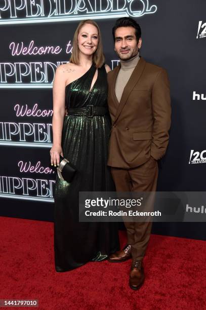 Emily V. Gordon and Kumail Nanjiani attend the Los Angeles premiere of Hulu's "Welcome to Chippendales" at Pacific Design Center on November 15, 2022...