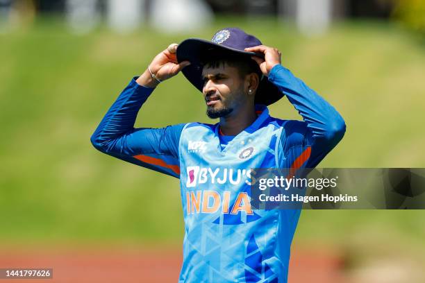 Shreyas Iyer looks on during an India training session ahead of the New Zealand and India T20 International series, at Basin Reserve on November 16,...
