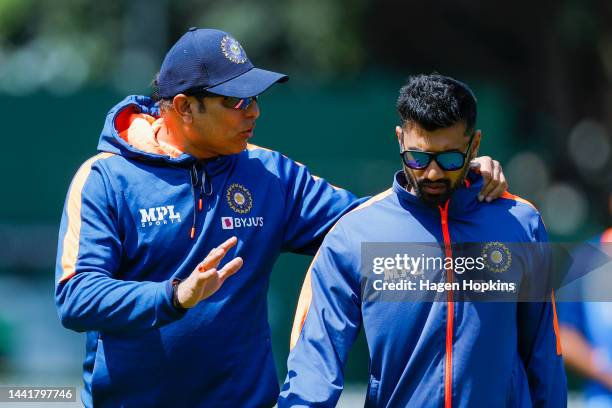 Coach VVS Laxman and Strength and Conditioning Coach Harsha A I talk during an India training session ahead of the New Zealand and India T20...