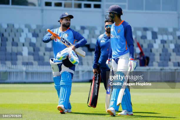 Rishabh Pant and Shubman Gill talk during an India training session ahead of the New Zealand and India T20 International series, at Basin Reserve on...