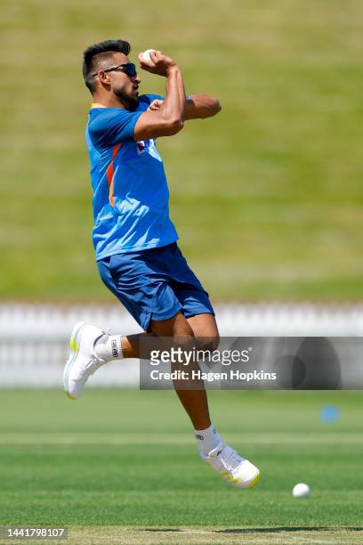 Umran Malik bowls during an India training session ahead of the New Zealand and India T20 International series, at Basin Reserve on November 16, 2022...