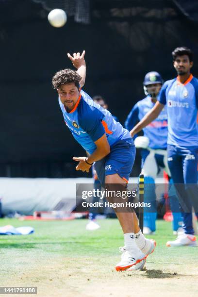 Kuldeep Yadav bowls during an India training session ahead of the New Zealand and India T20 International series, at Basin Reserve on November 16,...