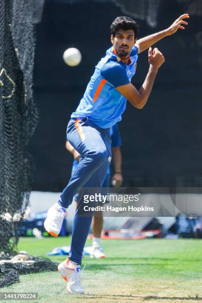 Washington Sundar bowls during an India training session ahead of the New Zealand and India T20 International series, at Basin Reserve on November...