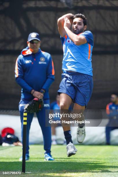 Bhuvneshwar Kumar bowls during an India training session ahead of the New Zealand and India T20 International series, at Basin Reserve on November...