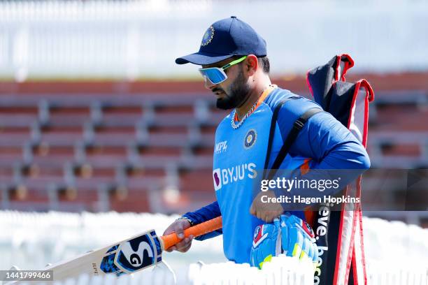 Rishabh Pant looks on during an India training session ahead of the New Zealand and India T20 International series, at Basin Reserve on November 16,...