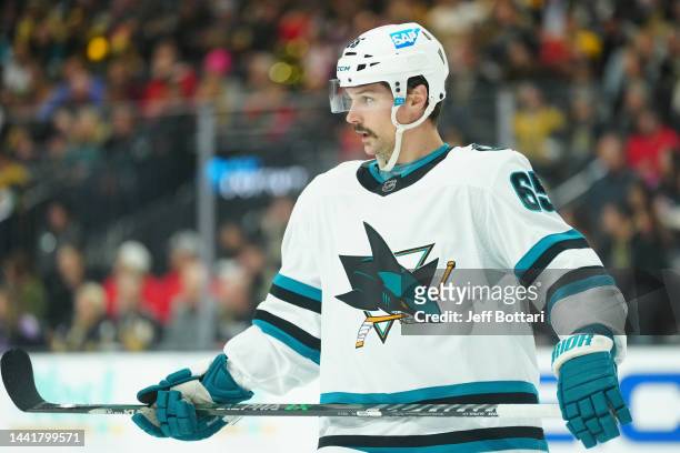Erik Karlsson of the San Jose Sharks skates during the first period against the Vegas Golden Knights at T-Mobile Arena on November 15, 2022 in Las...