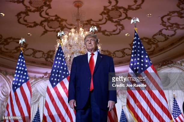 Former U.S. President Donald Trump arrives on stage during an event at his Mar-a-Lago home on November 15, 2022 in Palm Beach, Florida. Trump...