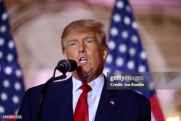 Former U.S. President Donald Trump speaks during an event at his Mar-a-Lago home on November 15, 2022 in Palm Beach, Florida. Trump announced that he...