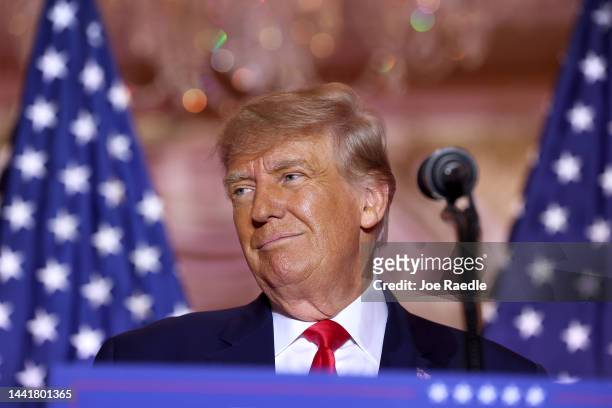 Former U.S. President Donald Trump speaks during an event at his Mar-a-Lago home on November 15, 2022 in Palm Beach, Florida. Trump announced that he...