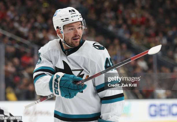 Tomas Hertl of the San Jose Sharks skates during the first period against the Vegas Golden Knights at T-Mobile Arena on November 15, 2022 in Las...